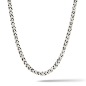 silver franco chain hanging on a white background