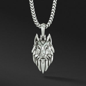 a sleek silver wolf pendant hangs from a franco chain
