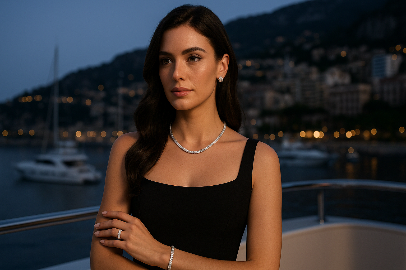 An elegant woman wears a stunning diamond tennis necklace and bracelet and stud earrings in Monaco