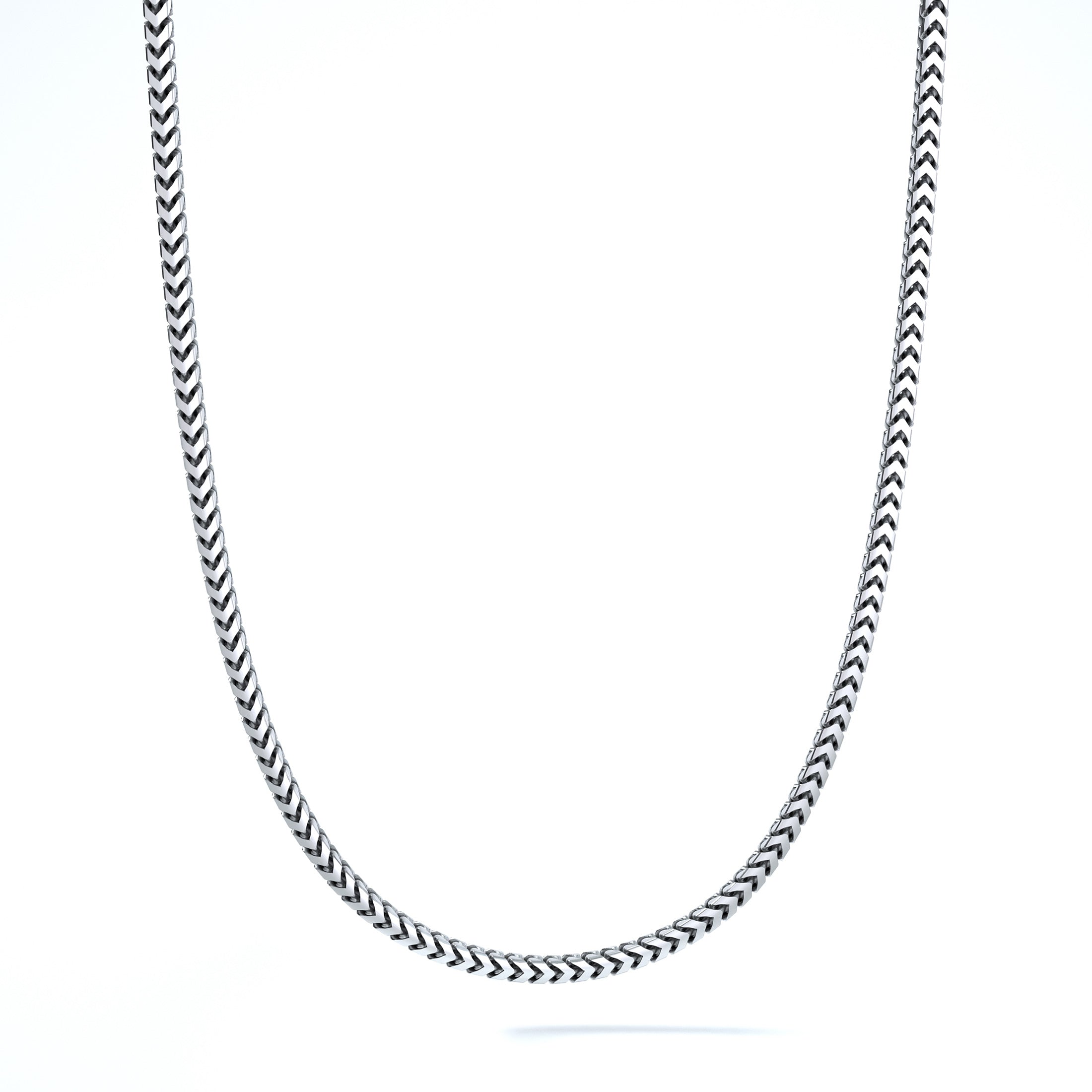 2mm platinum franco chain hanging on white background