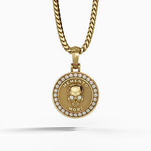Gold Skull Memento Mori pendant with Diamond eyes and border