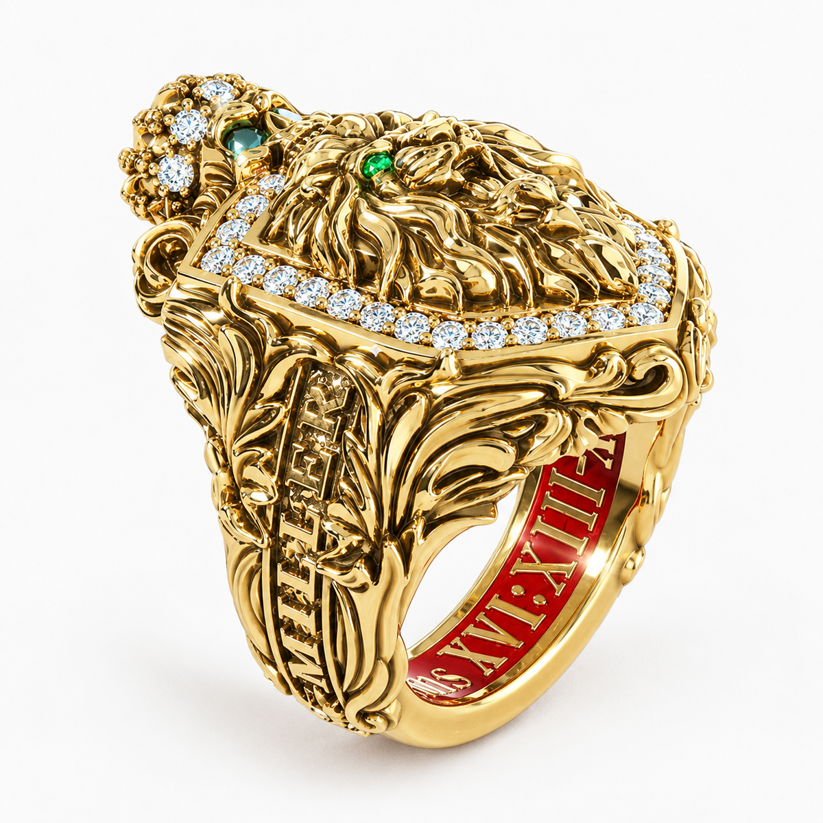 Lion and Skull Crest, Gold and Diamond Ring, alternate view