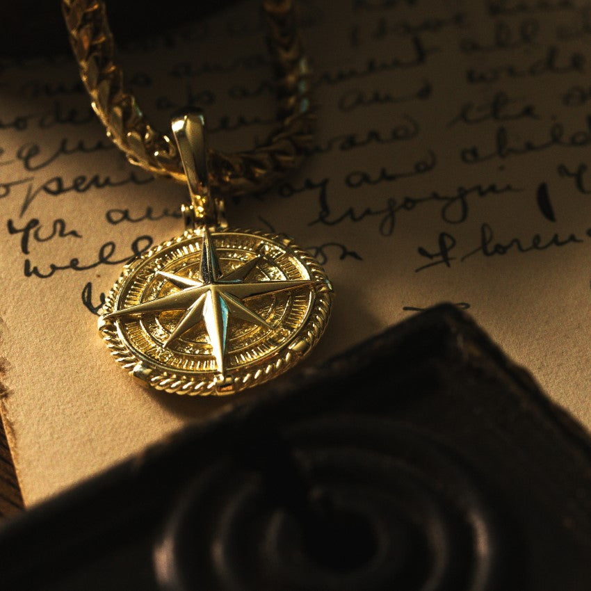 Solid Gold Gold Necklace Compass 14K Gold Compass Diamond Pendant