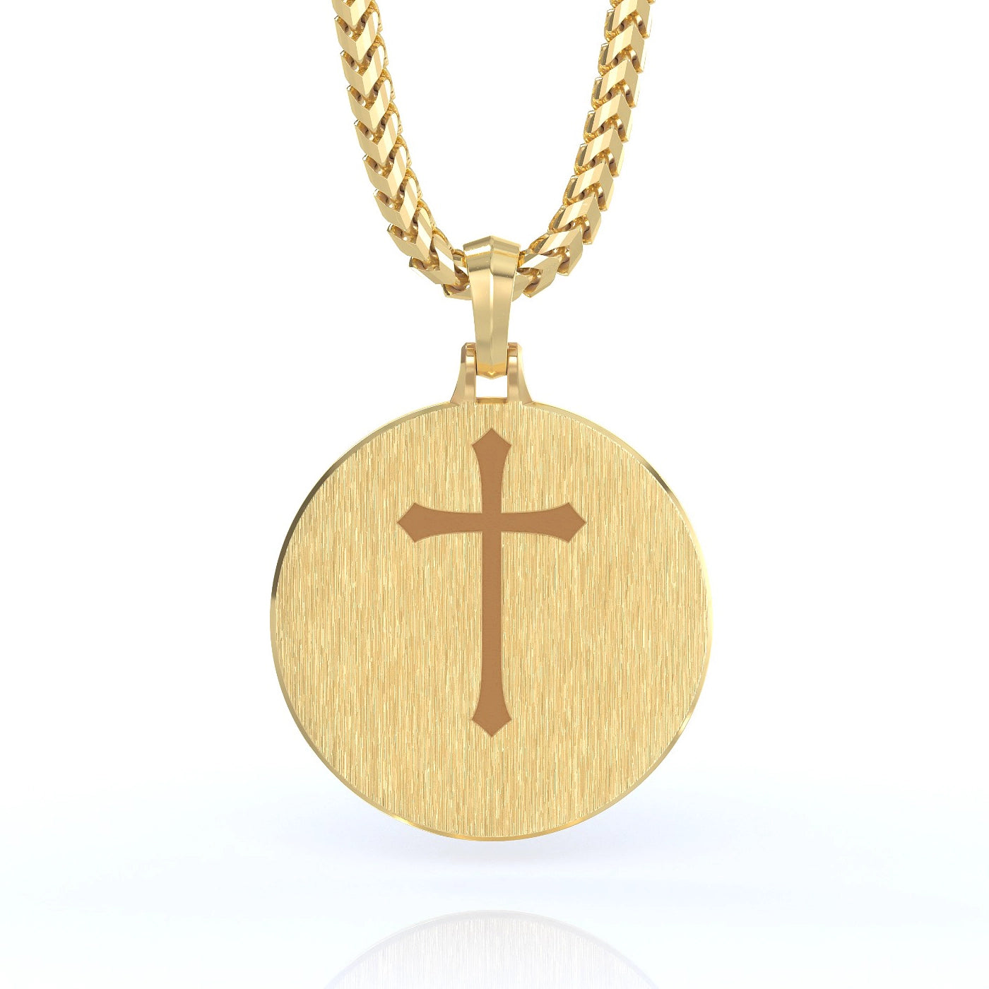 Engraved Cross on the back of a round gold pendant necklace on a white background