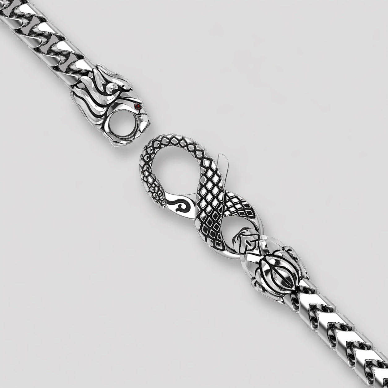 10mm Silver Franco Chain, Lion & Snake Clasp
