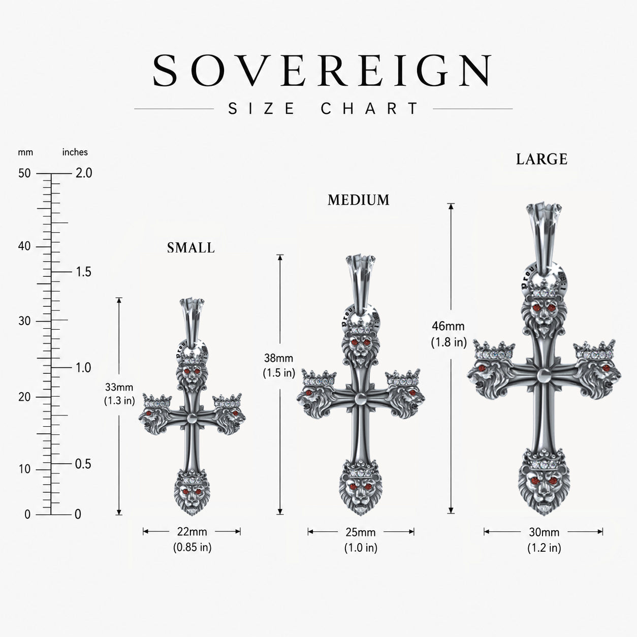 A size chart graphic for a silver cross pendant labeled 'SOVEREIGN SIZE CHART' with small, medium, and large measurements in millimeters and inches, including dimensions for height and width.