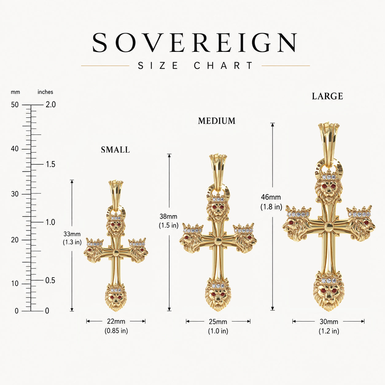 A size chart graphic for a gold cross pendant labeled 'SOVEREIGN SIZE CHART' on a light beige background. It shows three sizes: Small, Medium, and Large, with measurements in millimeters and inches and labeled dimensions for the cross width and height.