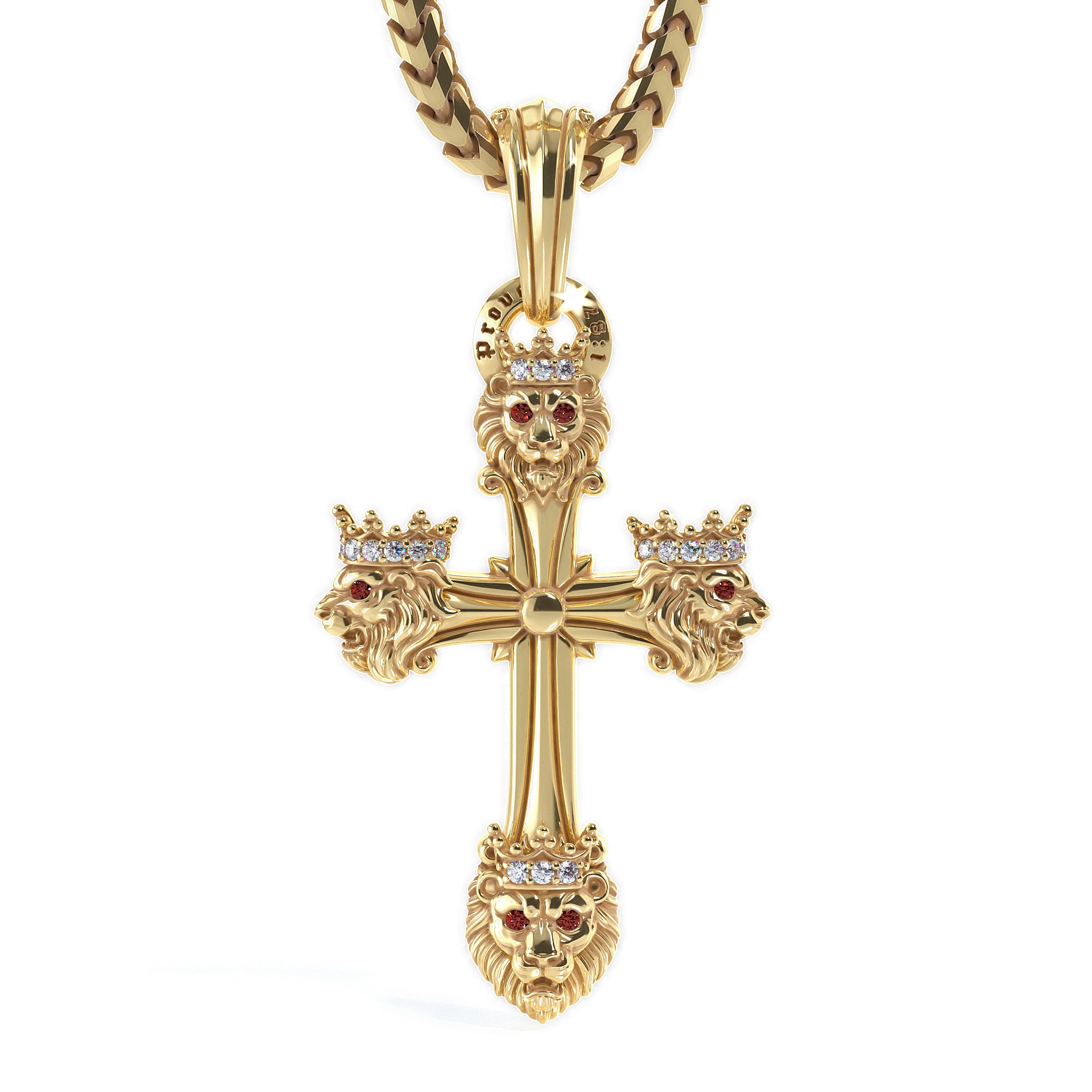 A gold cross pendant necklace featuring lion heads at the center and corners, each adorned with a small crown and accented with clear rhinestones and red gemstone eyes, suspended from a gold chain on a white background.