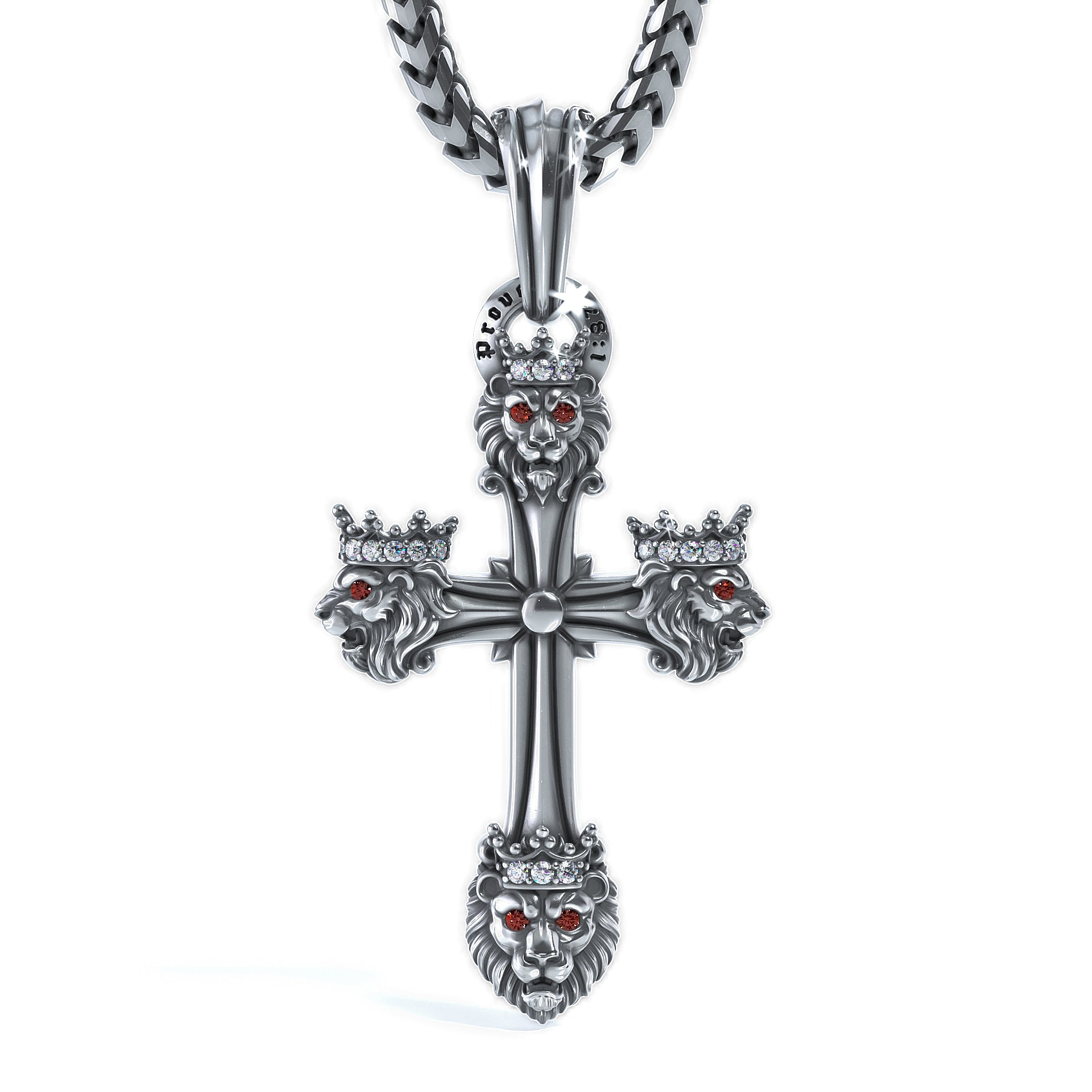 A silver-toned metal cross pendant necklace featuring lion heads with red eyes at the corners and center, suspended from a matching chain on a white background.