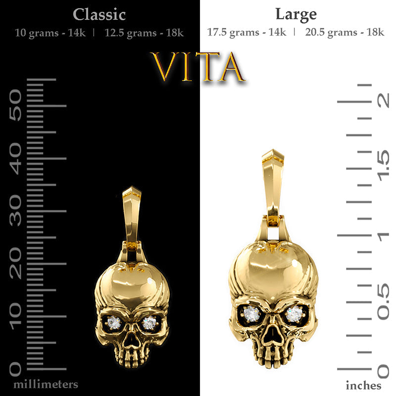 a large and small skull pendant are shown next to each other on a ruler guide for scale