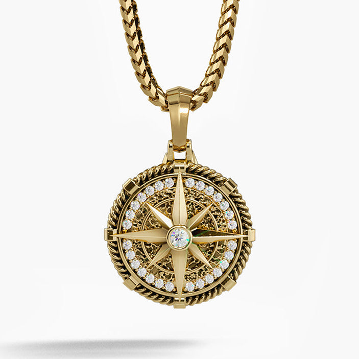 Voyager, Gold Compass Pendant with Diamonds