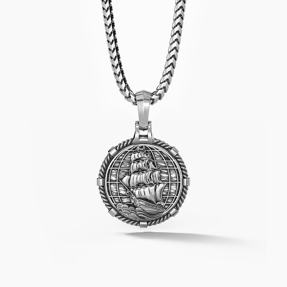 Silver Compass Pendant Necklace for Men