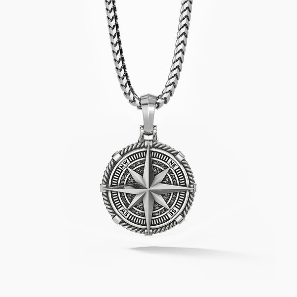 Silver Compass Pendant Necklace for Men