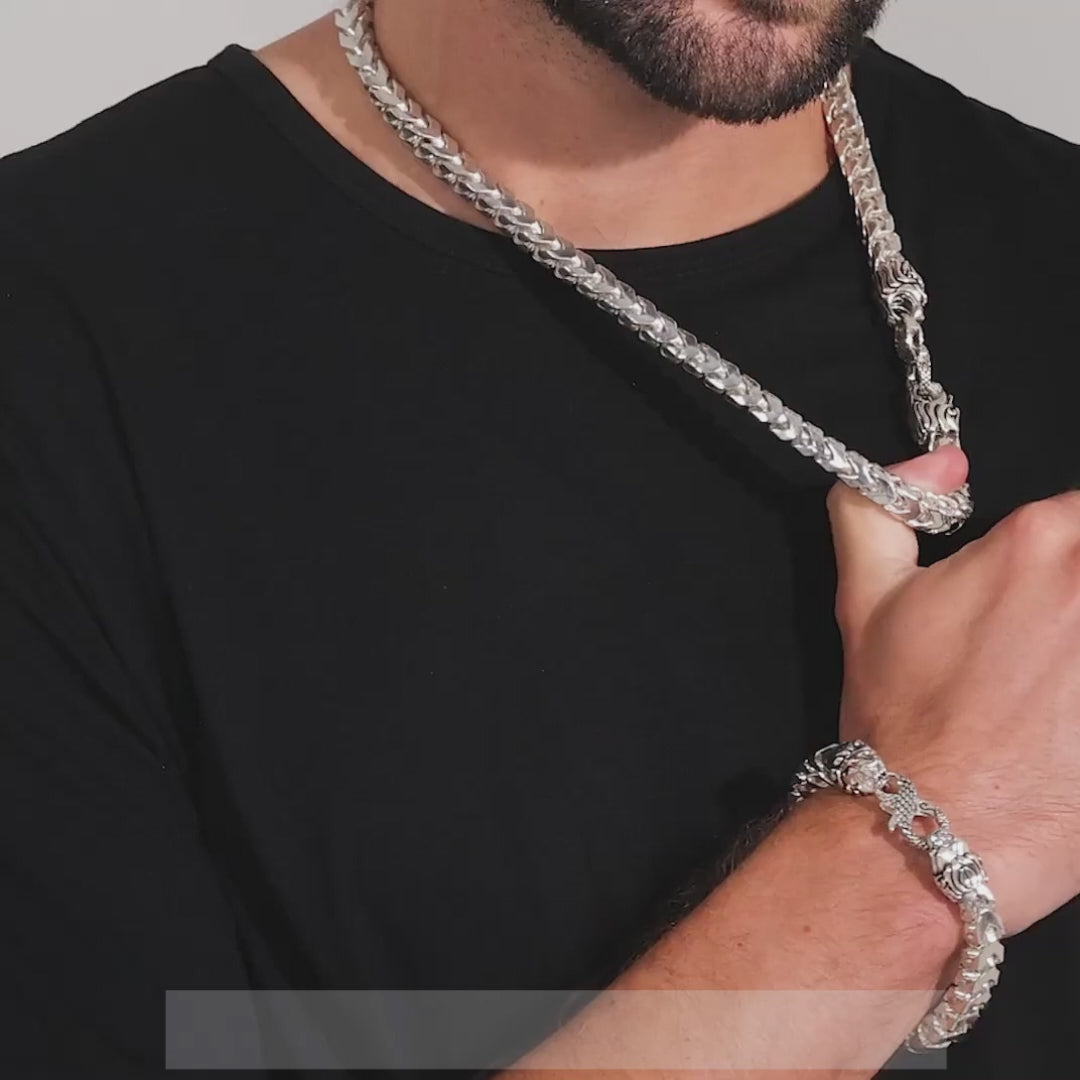 10mm Silver Franco Chain, Lion & Snake Clasp