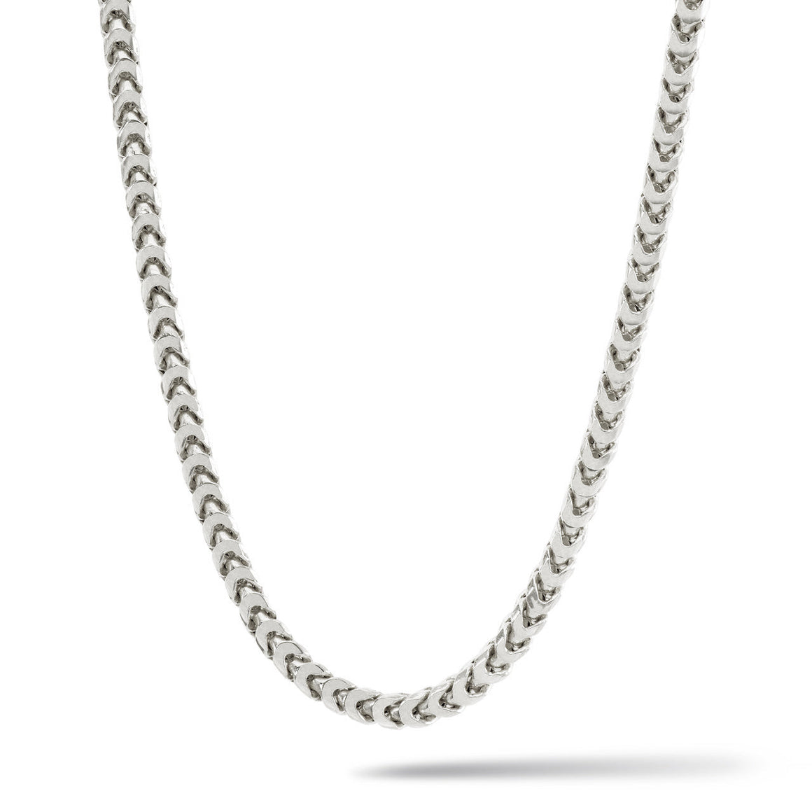 a 3mm silver franco chain hanging over a white surface
