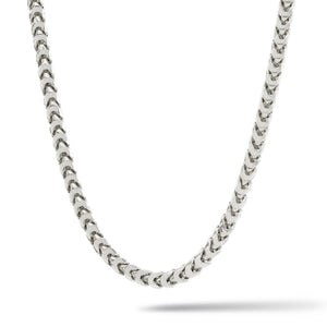 a 4mm silver franco chain hanging over a white surface