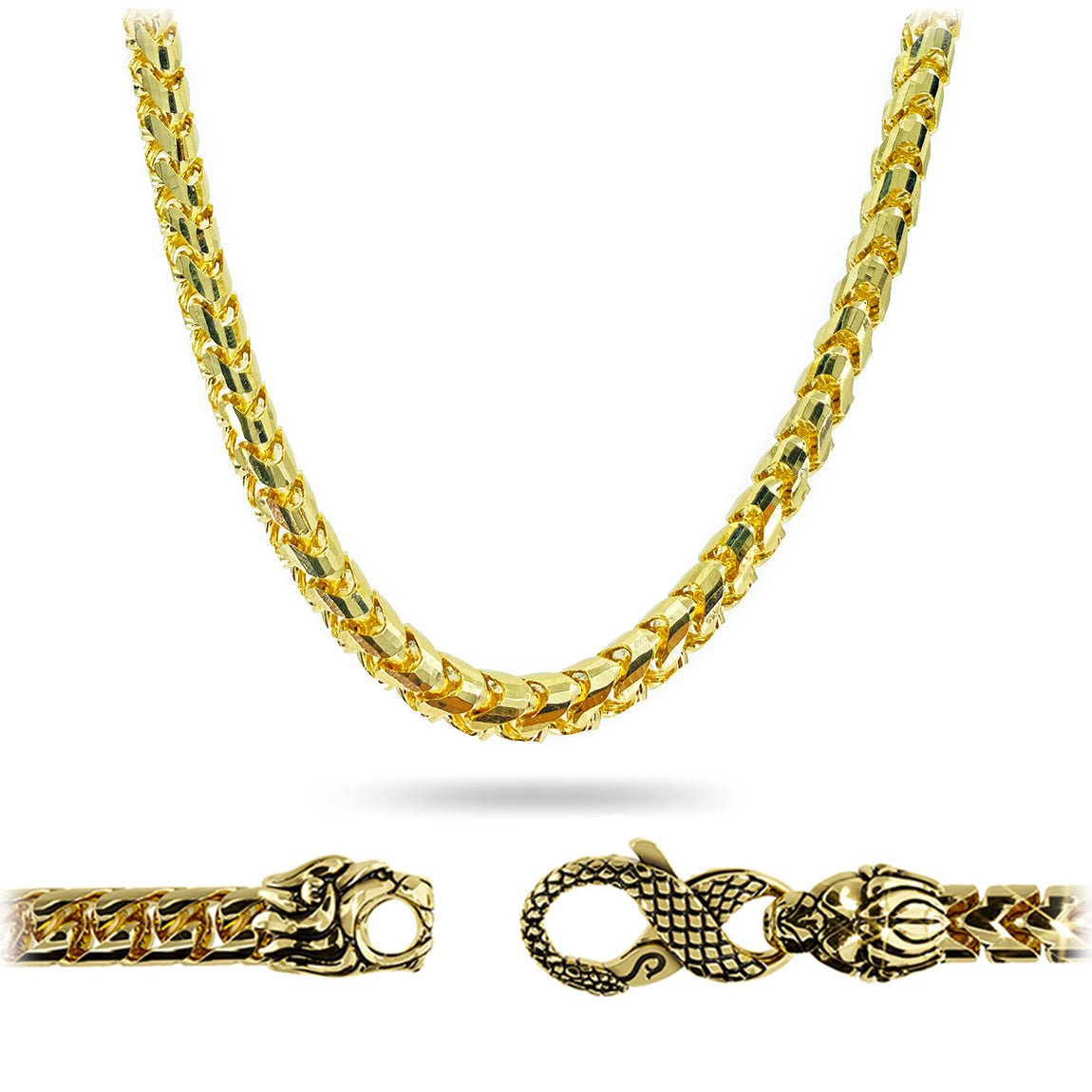 5mm Diamond Cut Franco, 14K Gold Chain Men’s, Solid Gold Necklace 22 Inches / Lion & Snake Clasp