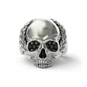 silver skull ring with black diamonds