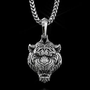 Tiger, White Gold Pendant with Black Diamonds