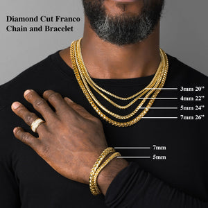 bearded man wearing solid gold franco necklaces and bracelets to compare mens chain lengths and widths