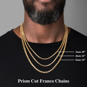 three two tone prism franco chain sizes worn by a man in a black shirt