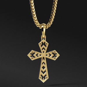 a modern mens gold cross necklace hangs from a chain