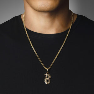 man in a black shirt wearing a gold dragon pendant with diamonds in the eyes