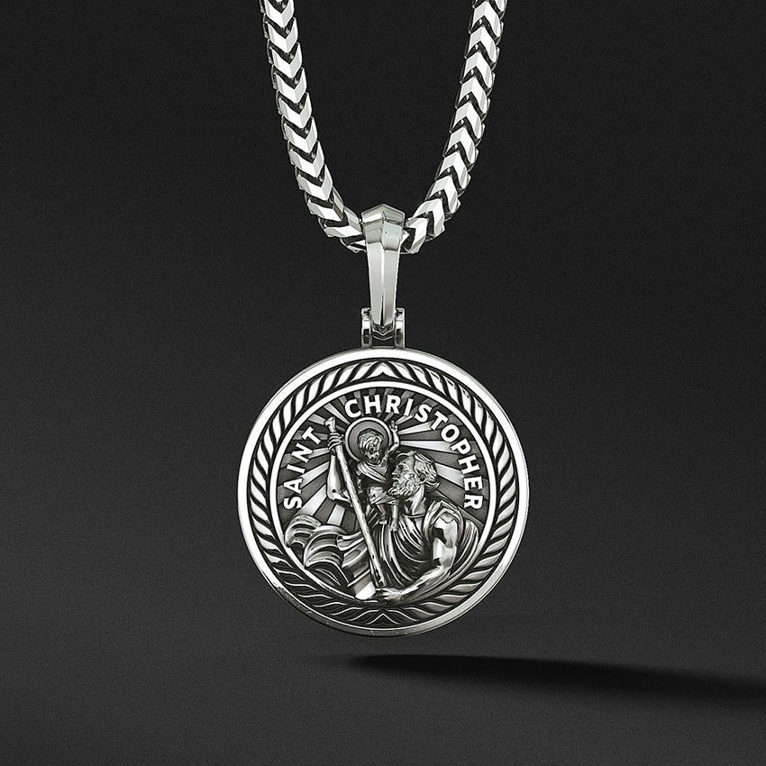 Round 925 Sterling Silver St. Christopher Protect Us Pendant with Twisted Rope Frame - Paul's Jewelry-Jewelry is Personal