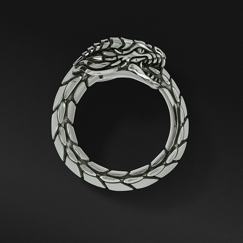 a silver dragon ring in the shape of an ouroboros shines on a black surface