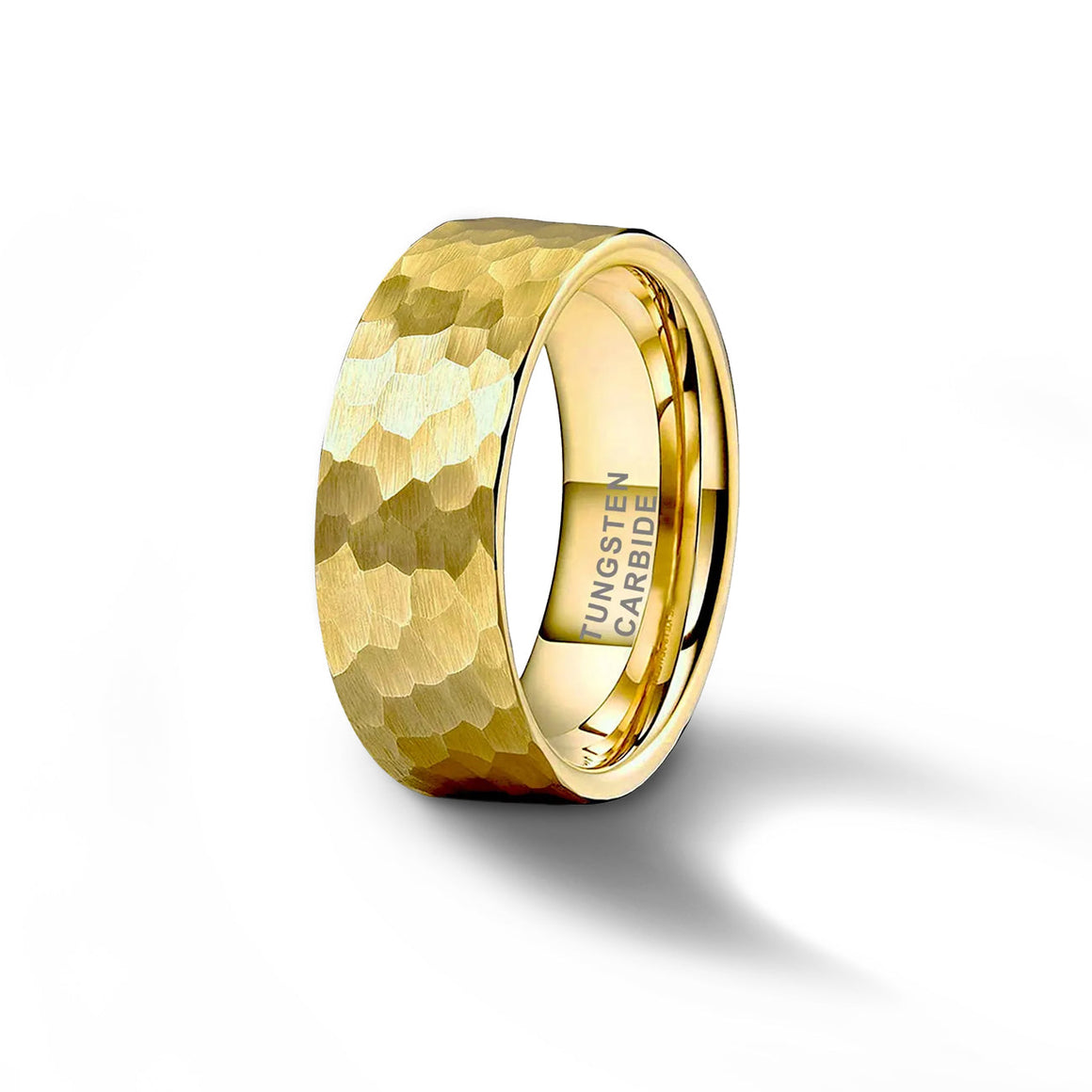 a womens gold tungsten wedding band with a satin hammered texture shines